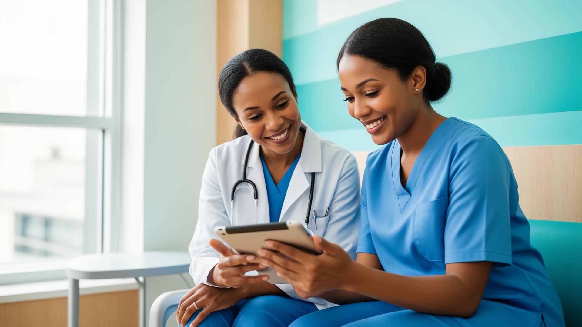 A patient and healthcare professional reviewing trusted health information together on a tablet.